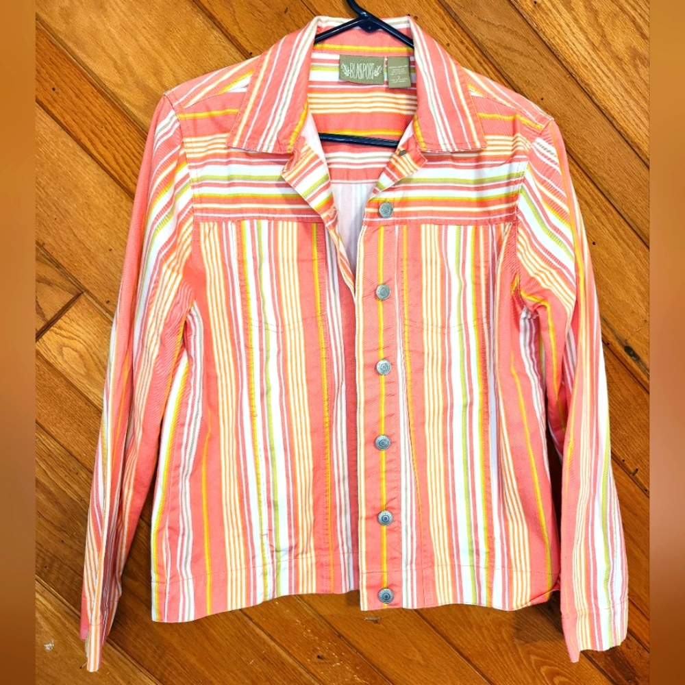 Blassport salmon and green vertical striped lightweight small denim jacket